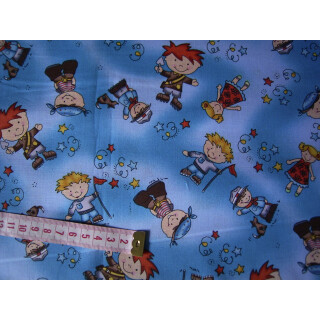 Reststück blaumelierter Baumwollstoff mit Kinder 115x130cm