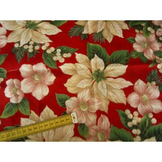 Reststück Weihnachtsstoff Blumen rot mit gold umrandet 80...