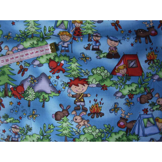 Reststück Baumwollstoff blau-meliert mit Motiven 90 x 130cm