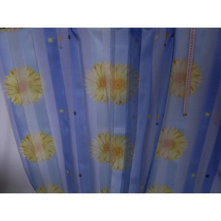 Kurzst&uuml;ck 4,20m Gardinen Organzastoff blau l&auml;ngs gstreift mit Blumen