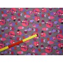 Baumwolljerseystoff grau mit Fische in pink und lila elastic