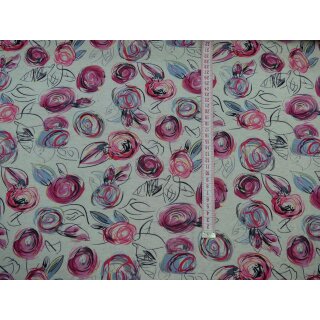 Jersey Viskose Leinen pink violett mit Rosen in natur...