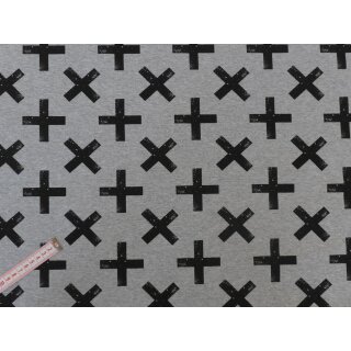 Reststück Jerseystoff grau mit Kreuz in schwarz meliert...